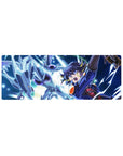 32x12 inches anime mouse pad with silver dragon dive, duelist in navy, neon tech halo and lightning.