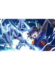 Anime desk pad 40x20 inches with silver dragon dive, duelist in navy, electric arcs and techno halo.