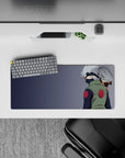 28x12 inches anime mouse pad in soft blues, sharp whites, and green vest accents, cozy chill vibe.