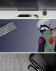 40x20 inches anime desk pad in cozy cool grays, soft blues, sharp whites, with green vest and red swirls.