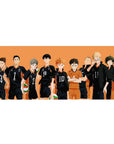 Karasuno volleyball squad silhouettes anime desk pad 36x16 inches with black jerseys and orange libero.