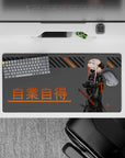 Cyberpunk anime girl mouse pad 32x16 inches in gray, black, and orange with bold kanji poster vibe.