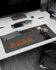 Masked pink-haired swordswoman in glossy black suit on anime desk pad 36x16 inches, diagonal stripes.