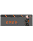 Cyberpunk anime girl mouse pad 32x12 inches with katana, gray field, black stripes, orange kanji.