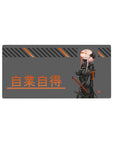 Anime girl mouse pad 32x16 inches with pink-haired masked katana fighter, gray field, kanji and stripes.
