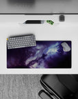 Smoky purples and midnight blues desk mouse pad, 28x12 inches, calming starry glow for late-night work.