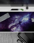 Smoky purples and midnight blues desk pad 40x20 inches with calming misty gradients and glow.