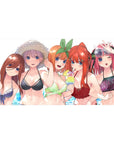 Anime girl desk pad 40x20 inches with five bikini girls crowding a sunny beach scene, glossy print.