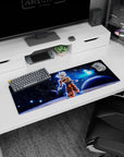 Artistic 32x12 inches mouse pad with Goku in Ultra Instinct, bringing universal energy and power to your workspace.