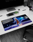 Modern 32x16 inches mouse pad with Goku in Ultra Instinct, showcasing his ultimate power in a cosmic backdrop for an epic desk setup.