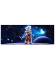 Compact 32x12 inches mouse pad with Goku in Ultra Instinct, radiating cosmic energy and serenity, ideal for smaller desks.