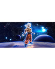 Dragon Ball Z desk pad with Goku in Ultra Instinct, 36x16 inches, showcasing his ultimate power and serenity in a space-inspired design.