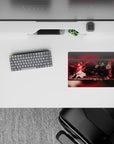 Anime mouse pad 14x10 inches in neon crimson and dark hex grid, green-eye glow, edgy late-night gamer mood.