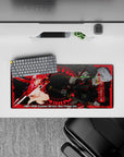 28x12 inches anime mouse pad in neon crimson and dark hex tech, green-eye glow, edgy gaming vibe.