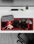 32x12 inches anime mouse pad in neon crimson and dark hex tones with green-eye glow, sleek cyber mood.
