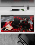 32x16 inches anime mouse pad in neon crimson with green-eye glow, sleek cyber HUD vibe for gaming.