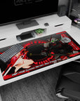 Gundam Astray faces red-haired pilot girl in a playful standoff on anime desk pad 40x20 inches.