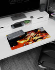 Warrior-themed mouse pad, 28x12 inches, showcasing a determined fighter surrounded by flames, ideal for adding bold energy to your desk.