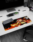 Artistic 32x12 inches mouse pad showcasing a warrior surrounded by flames, ideal for adding heat and action to your workspace.
