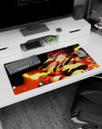 Modern 32x16 inches mouse pad with a warrior facing their destiny, surrounded by blazing flames, perfect for adding powerful energy to your workspace.