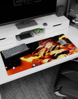 Artistic 36x16 inches desk pad with a warrior facing their destiny surrounded by blazing flames, ideal for fans of dynamic and powerful designs.