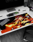 Large 40x20 inches desk pad with a fierce warrior and blazing flames, radiating intense energy and passion for an action-packed workspace.
