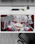32x16 inches anime girl mouse pad in deep crimson tones, hot pink eyes, playful mischievous vibe.