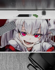 Dark crimson anime desk pad 40x20 inches with bold contrast, hot pink eyes, and cute dangerous mood.