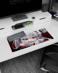Silver-haired anime demon girl smirking on a 28x12 inches mouse pad, pink eyes staring from red backdrop.