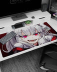 Mischievous silver-haired anime demon girl on desk pad 40x20 inches, staring with bright pink eyes.