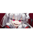 Anime girl desk pad 36x16 inches with silver hair, big ribbons, and a mischievous grin on crimson.