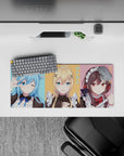 Anime mouse pad 28x12 inches featuring KonoSuba's Aqua, Darkness, and Megumin in pastel maid cafe theme.