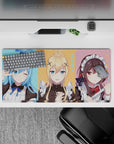 Anime mouse pad 32x16 inches featuring KonoSuba's Aqua, Darkness, and Megumin in pastel maid cafe theme.