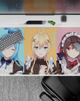 KonoSuba anime desk pad 40x20 inches featuring Aqua, Darkness, and Megumin in pastel maid cafe theme.