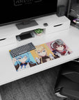 Anime mouse pad 28x12 inches featuring Aqua, Darkness, and Megumin from KonoSuba in pastel maid cafe theme.