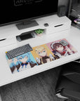 Anime mouse pad 32x12 inches featuring KonoSuba's Aqua, Darkness, and Megumin in pastel maid cafe theme.