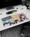 Mouse pad 32x16 inches featuring KonoSuba's Aqua, Darkness, and Megumin in pastel maid cafe theme, vibrant anime art.