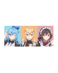KonoSuba mouse pad 28x12 inches featuring Aqua, Darkness, and Megumin in a maid cafe theme with vibrant pastel colors.