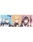 KonoSuba anime mouse pad 32x12 inches featuring Aqua, Darkness, Megumin in maid outfits with pastel colors.