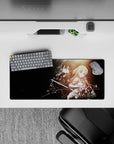 Mouse pad 28x12 inches featuring Kirito and Asuna from Sword Art Online, with a cosmic backdrop and copper-gold hues.