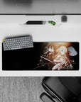 Anime mouse pad 32x12 inches featuring Kirito and Asuna from Sword Art Online, glowing in a cosmic backdrop with swords.