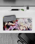 Soft pink and creamy white anime girl mouse pad 28x12 inches with midnight hair, cozy warm shadows.