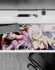 36x16 inches anime desk pad in creamy whites, soft pinks, midnight hair tones, cozy chaotic vibe.