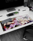 36x16 inches Bakemonogatari desk pad with sleepy Hanekawa beside cheeky Black Hanekawa, paws and wink.