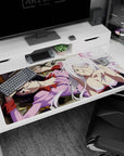 Hanekawa Tsubasa and Black Hanekawa sprawled anime desk pad 40x20 inches, sleepy wink and playful paws.