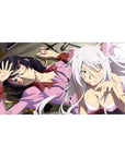 Bakemonogatari anime girl desk pad 40x20 inches with Hanekawa and Black Hanekawa lounging, cat grin.