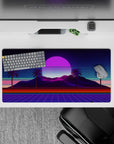 32x16 inches mouse pad with Neon Oasis Dusk, blending nature and technology with vibrant violet and pink hues and tall palm trees.