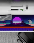 36x16 inches desk pad with Neon Oasis Dusk, capturing the tranquil yet bold combination of palm trees, vibrant hues, and retro-futuristic design.