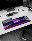 Artistic 32x12 inches mouse pad featuring Neon Oasis Dusk, with a retro-futuristic sunset of violet and pink hues, blending nature and technology.
