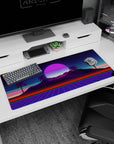 Artistic 36x16 inches desk pad featuring Neon Oasis Dusk, blending vibrant sunset hues with palm trees for a serene, retro-futuristic look.